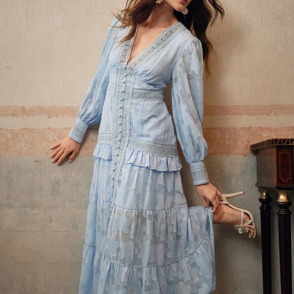 Baby Blue Elegant Women's French Style Ruched V-Neck Puff Sleeve Maxi Dress - Picture 4 of 6